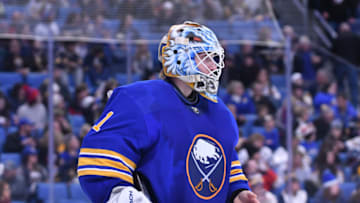 Jan 16, 2023; Buffalo, New York, USA; Buffalo Sabres goalie Ukko-Pekka Luukkonen (1) during a break in the action in the third period game against the Florida Panthers at KeyBank Center. Mandatory Credit: Mark Konezny-USA TODAY Sports