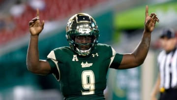 TAMPA, FL - SEPTEMBER 21: Quarterback Quinton Flowers #9 of the South Florida Bulls celebrates following his 1 yard rushing touchdown during the fourth quarter of an NCAA football game against the Temple Owls on September 21, 2017 at Raymond James Stadium in Tampa, Florida. (Photo by Brian Blanco/Getty Images)