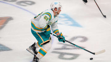 Dec 29, 2022; San Jose, California, USA; San Jose Sharks right wing Timo Meier (28) skates with the puck during the third period against the Philadelphia Flyers at SAP Center at San Jose. Mandatory Credit: Neville E. Guard-USA TODAY Sports