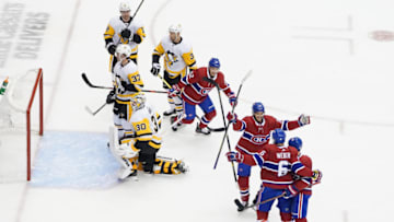 TORONTO, ONTARIO - AUGUST 05: Shea Weber #6 of the Montreal Canadiens celebrates his first period goal at 4:57 as Matt Murray #30 of the Pittsburgh Penguins looks on in Game Three of the Eastern Conference Qualification Round prior to the 2020 NHL Stanley Cup Playoffs at Scotiabank Arena on August 05, 2020 in Toronto, Ontario. (Photo by Andre Ringuette/Freestyle Photo/Getty Images)
