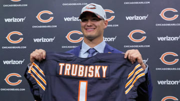 Lake Forest, IL - APRIL 28: The Chicago Bears first round draft pick quarterback Mitchell Trubisky, from North Carolina, poses with a Bears jersey during a Chicago Bears Press Conference on April 28, 2017 at Halas Hall, in Lake Forest, IL. (Photo by Robin Alam/Icon Sportswire via Getty Images)