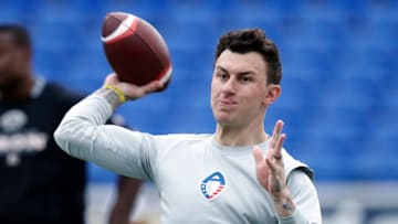 MEMPHIS, TENNESSEE - MARCH 24: Quarterback Johnny Manziel #2 of the Memphis Express warms up before taking on the Birmingham Iron during their Alliance of American Football game at Liberty Bowl Memorial Stadium on March 24, 2019 in Memphis, Tennessee. (Photo by Joe Robbins/AAF/Getty Images)