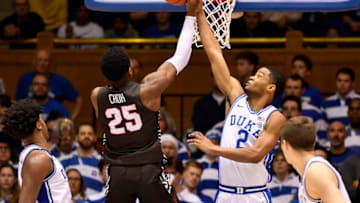 DURHAM, NORTH CAROLINA - DECEMBER 28: Cassius Stanley #2 of the Duke Blue Devils blocks a shot by Tamenang Choh #25 of the Brown Bears during the second half of their game at Cameron Indoor Stadium on December 28, 2019 in Durham, North Carolina. Duke won 75-50. (Photo by Grant Halverson/Getty Images)
