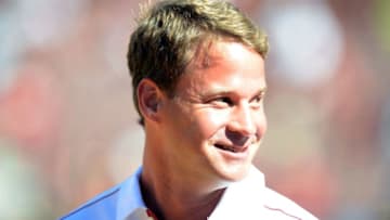 LOS ANGELES, CA - SEPTEMBER 01: Head Coach Lane Kiffin of the USC Trojans smiles as he comes onto the field before the game against the Hawaii Warriors at Los Angeles Coliseum on September 1, 2012 in Los Angeles, California. (Photo by Harry How/Getty Images)