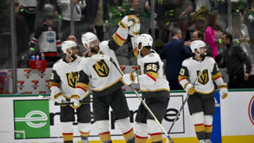 May 29, 2023; Dallas, Texas, USA; Vegas Golden Knights defenseman Alex Pietrangelo (7) and right wing Keegan Kolesar (55) celebrate on the ice after defeating the Dallas Stars in game six of the Western Conference Finals of the 2023 Stanley Cup Playoffs at American Airlines Center. Mandatory Credit: Jerome Miron-USA TODAY Sports