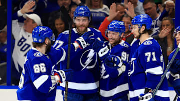TAMPA, FLORIDA - MARCH 01: Steven Stamkos #91 of the Tampa Bay Lightning celebrates a goal in the second period during a game against the Ottawa Senators at Amalie Arena on March 01, 2022 in Tampa, Florida. (Photo by Mike Ehrmann/Getty Images)