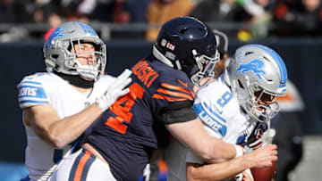 CHICAGO, IL - NOVEMBER 19: Quarterback Matthew Stafford #9 of the Detroit Lions is sacked by Nick Kwiatkoski #44 of the Chicago Bears in the first quarter at Soldier Field on November 19, 2017 in Chicago, Illinois. (Photo by Jonathan Daniel/Getty Images)