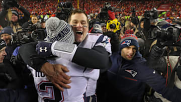 KANSAS CITY, MISSOURI - JANUARY 20: Tom Brady #12 of the New England Patriots celebrates after defeating the Kansas City Chiefs during the AFC Championship Game at Arrowhead Stadium on January 20, 2019 in Kansas City, Missouri. (Photo by Patrick Smith/Getty Images)