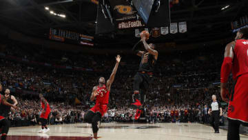 CLEVELAND, OH - MAY 5: LeBron James #23 of the Cleveland Cavaliers shoots game winning shot during game against the Toronto Raptors during Game Three of the Eastern Conference Semi Finals of the 2018 NBA Playoffs against the Toronto Raptors on May 5, 2018 at Quicken Loans Arena in Cleveland, Ohio. NOTE TO USER: User expressly acknowledges and agrees that, by downloading and/or using this Photograph, user is consenting to the terms and conditions of the Getty Images License Agreement. Mandatory Copyright Notice: Copyright 2018 NBAE (Photo by Jeff Haynes/NBAE via Getty Images)