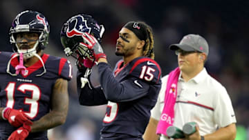 Oct 16, 2016; Houston, TX, USA; Houston Texans wide receiver Will Fuller (15, center) prior to the game against the Indianapolis Colts at NRG Stadium. Mandatory Credit: Erik Williams-USA TODAY Sports