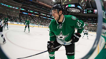 Apr 22, 2016; Dallas, TX, USA; Dallas Stars center Colton Sceviour (22) skates against the Minnesota Wild in game five of the first round of the 2016 Stanley Cup Playoffs at the American Airlines Center. The Wild defeat the Stars 5-4. Mandatory Credit: Jerome Miron-USA TODAY Sports