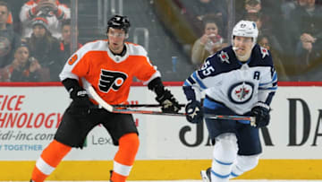 PHILADELPHIA, PA - JANUARY 28: Ivan Provorov #9 of the Philadelphia Flyers skates against Mark Scheifele #55 of the Winnipeg Jets on January 28, 2019 at the Wells Fargo Center in Philadelphia, Pennsylvania. (Photo by Len Redkoles/NHLI via Getty Images)