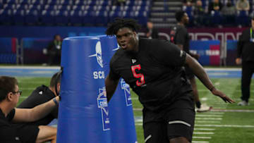 Mar 5, 2022; Indianapolis, IN, USA; Georgia defensive lineman Jordan Davis (DL05) goes through drills during the 2022 NFL Scouting Combine at Lucas Oil Stadium. Mandatory Credit: Kirby Lee-USA TODAY Sports