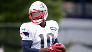 FOXBOROUGH, MA - SEPTEMBER 19: New England Patriots' Josh Gordon (10) participates in a drill during New England Patriots practice at the Gillette Stadium practice facility in Foxborough, MA on Sep. 19, 2018. (Photo by Jonathan Wiggs/The Boston Globe via Getty Images)