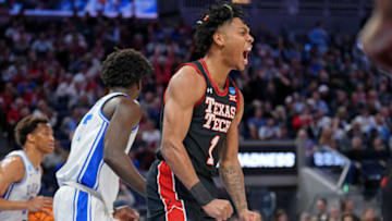 Mar 24, 2022; San Francisco, CA, USA; Texas Tech Red Raiders guard Terrence Shannon Jr. (1) reacts after dunking against the Duke Blue Devils during the first half in the semifinals of the West regional of the men's college basketball NCAA Tournament at Chase Center. Mandatory Credit: Kelley L Cox-USA TODAY Sports