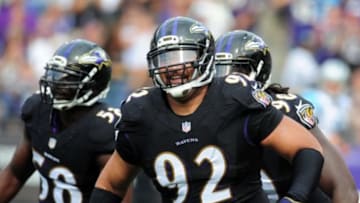 Sep 28, 2014; Baltimore, MD, USA; Baltimore Ravens defensive tackle Haloti Ngata (92) smiles during the game against the Carolina Panthers at M&T Bank Stadium. Mandatory Credit: Evan Habeeb-USA TODAY Sports
