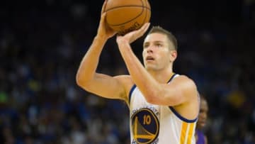 Oct 30, 2013; Oakland, CA, USA; Golden State Warriors power forward David Lee (10) shoots the ball against the Los Angeles Lakers during the third quarter at Oracle Arena. The Golden State Warriors defeated the Los Angeles Lakers 125-94. Mandatory Credit: Kelley L Cox-USA TODAY Sports