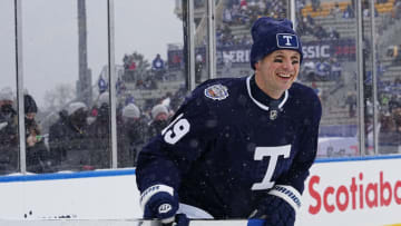 Mar 13, 2022; Hamilton, Ontario, CAN; Toronto Maple Leafs forward Jason Spezza (19) warms up against the Buffalo Sabres in the 2022 Heritage Classic ice hockey game at Tim Hortons Field. Mandatory Credit: John E. Sokolowski-USA TODAY Sports