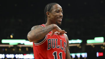 BOSTON, MA - NOVEMBER 01: DeMar DeRozan #11 of the Chicago Bulls reacts after scoring in the second half of a game against the Boston Celtics at TD Garden on November 1, 2021 in Boston, Massachusetts. NOTE TO USER: User expressly acknowledges and agrees that, by downloading and or using this photograph, User is consenting to the terms and conditions of the Getty Images License Agreement. (Photo by Adam Glanzman/Getty Images)