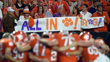 Jan 11, 2016; Glendale, AZ, USA; Fans display a sign prior to the the 2016 CFP National Championship between the Alabama Crimson Tide and the Clemson Tigers at U. of Phoenix Stadium. Mandatory Credit: Joe Camporeale-USA TODAY Sports