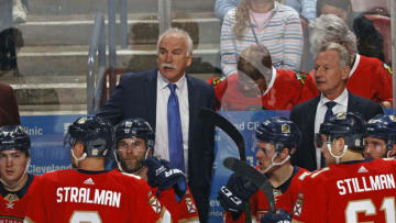 SUNRISE, FL - FEBRUARY 29: Florida Panthers Head coach Joel Quenneville of the Florida Panthers directs the players during a time out against the Chicago Blackhawks at the BB&T Center on February 29, 2020 in Sunrise, Florida. The Blackhawks defeated the Panthers 3-2 in the shootout. (Photo by Joel Auerbach/Getty Images)