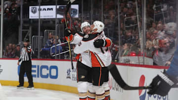 DENVER, CO - MARCH 15: Ryan Getzlaf #15 of the Anaheim Ducks celebrates a goal against the Colorado Avalanche with teammate Cam Fowler #4 at the Pepsi Center on March 15, 2019 in Denver, Colorado. (Photo by Michael Martin/NHLI via Getty Images)