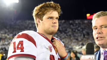 Jan 2, 2017; Pasadena, CA, USA; USC Trojans quarterback Sam Darnold (14) speaks to an ESPN reporter of the 2017 Rose Bowl game at Rose Bowl. Mandatory Credit: Jayne Kamin-Oncea-USA TODAY Sports