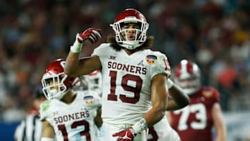 MIAMI, FL - DECEMBER 29: Caleb Kelly #19 of the Oklahoma Sooners reacts against the Alabama Crimson Tide during the College Football Playoff Semifinal at the Capital One Orange Bowl at Hard Rock Stadium on December 29, 2018 in Miami, Florida. (Photo by Michael Reaves/Getty Images)