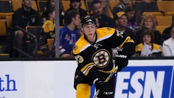 Sep 24, 2015; Boston, MA, USA; Boston Bruins defenseman Brandon Carlo (73) carries the puck during the second period against the New York Rangers at TD Garden. Mandatory Credit: Bob DeChiara-USA TODAY Sports