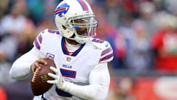 FOXBORO, MA - DECEMBER 24: Tyrod Taylor FOXBORO, MA - DECEMBER 24: Tyrod Taylor #5 of the Buffalo Bills looks for a pass during the first half against the New England Patriots at Gillette Stadium on December 24, 2017 in Foxboro, Massachusetts. (Photo by Maddie Meyer/Getty Images)