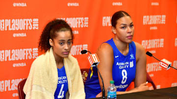 TEMPE, AZ - AUGUST 21: Skylar Diggins-Smith and Elizabeth Cambage #8 of the Dallas Wings speak with the media after the game against the Phoenix Mercury in Round One of the 2018 WNBA Playoffs on August 21, 2018 at Wells Fargo Arena in Tempe, Arizona. NOTE TO USER: User expressly acknowledges and agrees that, by downloading and or using this Photograph, user is consenting to the terms and conditions of the Getty Images License Agreement. Mandatory Copyright Notice: Copyright 2018 NBAE (Photo by Barry Gossage/NBAE via Getty Images)