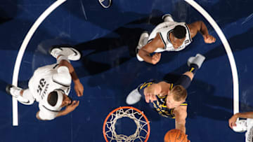 INDIANAPOLIS, IN - OCTOBER 18: Domantas Sabonis #11 of the Indiana Pacers drives to the basket against the Brooklyn Nets on October 18, 2017 at Bankers Life Fieldhouse in Indianapolis, Indiana. NOTE TO USER: User expressly acknowledges and agrees that, by downloading and or using this Photograph, user is consenting to the terms and conditions of the Getty Images License Agreement. Mandatory Copyright Notice: Copyright 2017 NBAE (Photo by Ron Hoskins/NBAE via Getty Images)