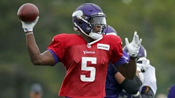 Aug 1, 2016; Mankato, MN, USA; Minnesota Vikings quarterback Teddy Bridgewater (5) passes in drills at training camp at Minnesota State University. Mandatory Credit: Bruce Kluckhohn-USA TODAY Sports