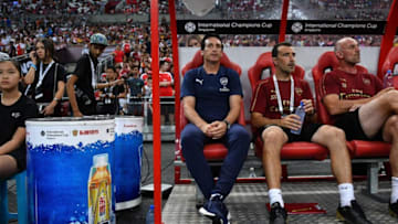 SINGAPORE - JULY 28: Unai Emery head coach of Arsenal sits during the International Champions Cup match between Arsenal and Paris Saint Germain at the National Stadium on July 28, 2018 in Singapore. (Photo by Thananuwat Srirasant/Getty Images for ICC)
