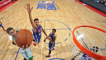 LAS VEGAS, NV - JULY 11: Jayson Tatum #11 of the Boston Celtics drives to the basket during the 2017 NBA Las Vegas Summer League game against the Philadelphia 76ers on July 11, 2017 at the Thomas & Mack Center in Las Vegas, Nevada. NOTE TO USER: User expressly acknowledges and agrees that, by downloading and or using this Photograph, user is consenting to the terms and conditions of the Getty Images License Agreement. Mandatory Copyright Notice: Copyright 2017 NBAE (Photo by Bart Young/NBAE via Getty Images)