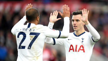 MIDDLESBROUGH, ENGLAND - JANUARY 05: Lucas Moura of Tottenham Hotspur celebrates with teammate Giovani Lo Celso after scoring his team's first goal during the FA Cup Third Round match between Middlesbrough and Tottenham Hotspur at Riverside Stadium on January 05, 2020 in Middlesbrough, England. (Photo by Michael Regan/Getty Images)