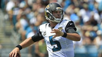 Sep 11, 2016; Jacksonville, FL, USA; Jacksonville Jaguars quarterback Blake Bortles (5) drops to throw a pass during the first half of a football game against the Green Bay Packers at EverBank Field. Mandatory Credit: Reinhold Matay-USA TODAY Sports