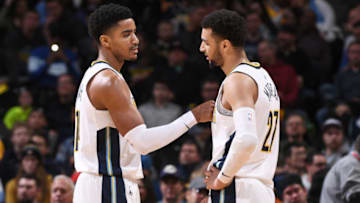 DENVER, CO - JANUARY 3: Gary Harris #14 of the Denver Nuggets congratulates Jamal Murray #27 during the game against the Phoenix Suns on January 3, 2018 at the Pepsi Center in Denver, Colorado. NOTE TO USER: User expressly acknowledges and agrees that, by downloading and/or using this Photograph, user is consenting to the terms and conditions of the Getty Images License Agreement. Mandatory Copyright Notice: Copyright 2018 NBAE (Photo by Garrett Ellwood/NBAE via Getty Images)