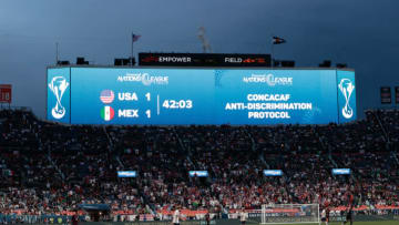 Jun 6, 2021; Denver, Colorado, USA; The video board advises of CONCACF anti-discrimination protocol after chants in the first half between the United States and Mexico during the 2021 CONCACAF Nations League Finals soccer series final match at Empower Field at Mile High. Mandatory Credit: Isaiah J. Downing-USA TODAY Sports