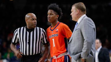 SOUTH BEND, IN - NOVEMBER 27: Trent Frazier #1 of the Illinois Fighting Illini and Head coach Brad Underwood of the Illinois Fighting Illini talk with an official during the game against the Notre Dame Fighting Irish at Purcell Pavilion on November 27, 2018 in South Bend, Indiana. (Photo by Michael Hickey/Getty Images)