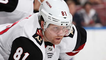 SUNRISE, FL - JANUARY 7: Phil Kessel #81 of the Arizona Coyotes prepares for a face-off against the Florida Panthers at the BB&T Center on January 7, 2020 in Sunrise, Florida. The Coyotes defeated the Panthers 5-2. (Photo by Joel Auerbach/Getty Images)