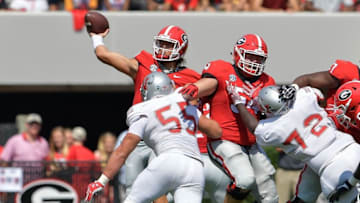 Sep 10, 2016; Athens, GA, USA; Georgia Bulldogs quarterback Jacob Eason (10) passes against the Nicholls State Colonels during the first quarter at Sanford Stadium. Mandatory Credit: Dale Zanine-USA TODAY Sports