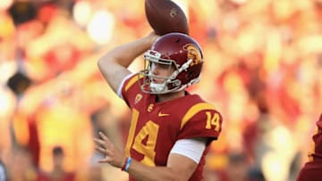 LOS ANGELES, CA - SEPTEMBER 09: Sam Darnold LOS ANGELES, CA - SEPTEMBER 09: Sam Darnold #14 of the USC Trojans throws a pass during the first half against the Stanford Cardinal at Los Angeles Memorial Coliseum on September 9, 2017 in Los Angeles, California. (Photo by Sean M. Haffey/Getty Images)