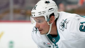 PHILADELPHIA, PA - OCTOBER 09: Justin Braun #61 of the San Jose Sharks looks on against the Philadelphia Flyers on October 9, 2018 at the Wells Fargo Center in Philadelphia, Pennsylvania. (Photo by Len Redkoles/NHLI via Getty Images)