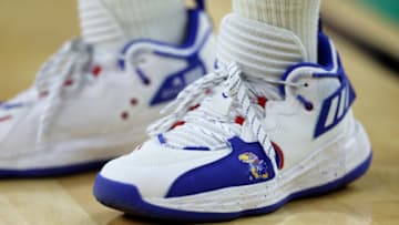 NEW ORLEANS, LOUISIANA - APRIL 01: The shoes of Remy Martin #11 of the Kansas Jayhawks are seen on the court during practice before the 2022 Men's Basketball Tournament Final Four at Caesars Superdome on April 01, 2022 in New Orleans, Louisiana. (Photo by Tom Pennington/Getty Images)
