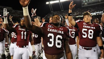 COLUMBIA, SC - SEPTEMBER 17: Safety D.J. Swearinger #36 of the South Carolina Gamecocks salutes fans after play against the Navy Midshipmen September 17, 2011 at Williams-Brice Stadium in Columbia, South Carolina. (Photo by Al Messerschmidt/Getty Images)