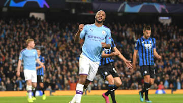 MANCHESTER, ENGLAND - OCTOBER 22: Raheem Sterling of Manchester City celebrates after scoring his team's third goal during the UEFA Champions League group C match between Manchester City and Atalanta at Etihad Stadium on October 22, 2019 in Manchester, United Kingdom. (Photo by Michael Regan/Getty Images)