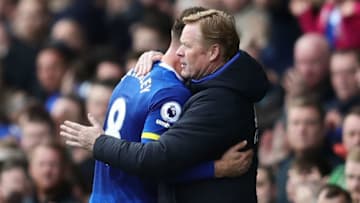 LIVERPOOL, ENGLAND - APRIL 15: Ross Barkley of Everton is embraced by his Manager / Head Coach Ronald Koeman during the Premier League match between Everton and Burnley at Goodison Park on April 15, 2017 in Liverpool, England. (Photo by Chris Brunskill Ltd/Getty Images)