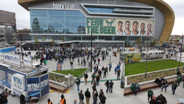 MILWAUKEE, WI - MAY 17: A view of outside the arena prior to Game Two of the Eastern Conference Finals on May 17, 2019 at the Fiserv Forum in Milwaukee, Wisconsin. NOTE TO USER: User expressly acknowledges and agrees that, by downloading and/or using this photograph, user is consenting to the terms and conditions of the Getty Images License Agreement. Mandatory Copyright Notice: Copyright 2019 NBAE (Photo by Mike Roemer/NBAE via Getty Images)