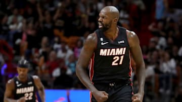 Dewayne Dedmon #21 of the Miami Heat reacts after making a three point basket against the Phoenix Suns(Photo by Megan Briggs/Getty Images)